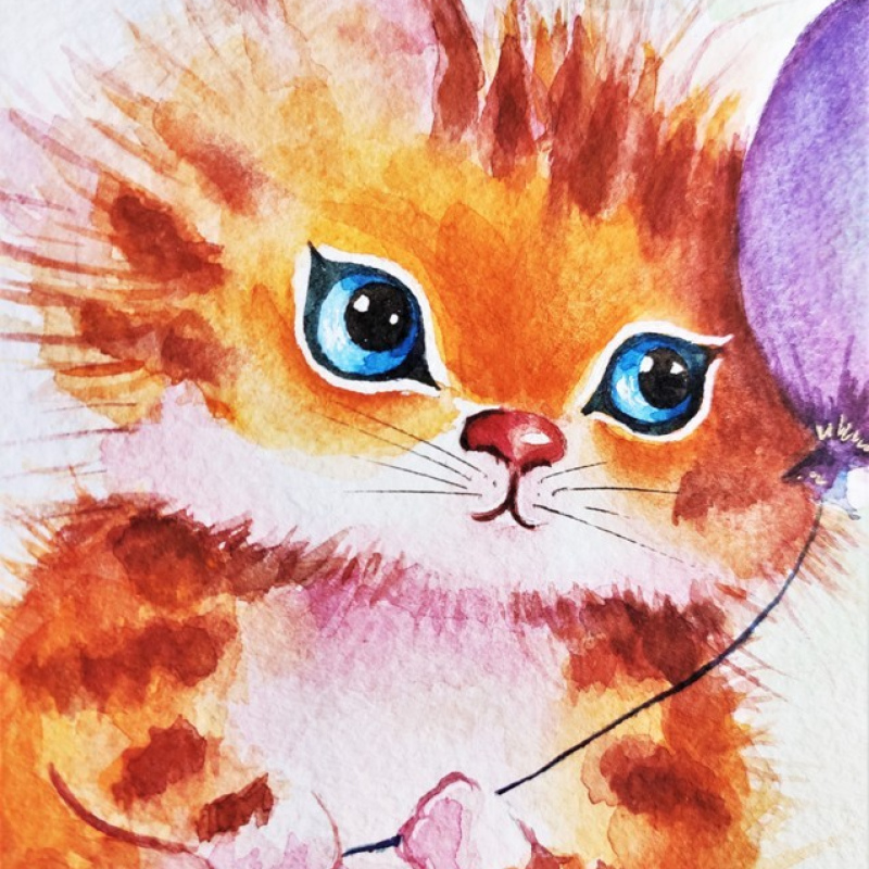 Картина акварелью "Рыжий кот с шариком" котенок в штанах живопись художник Инесса Сацута