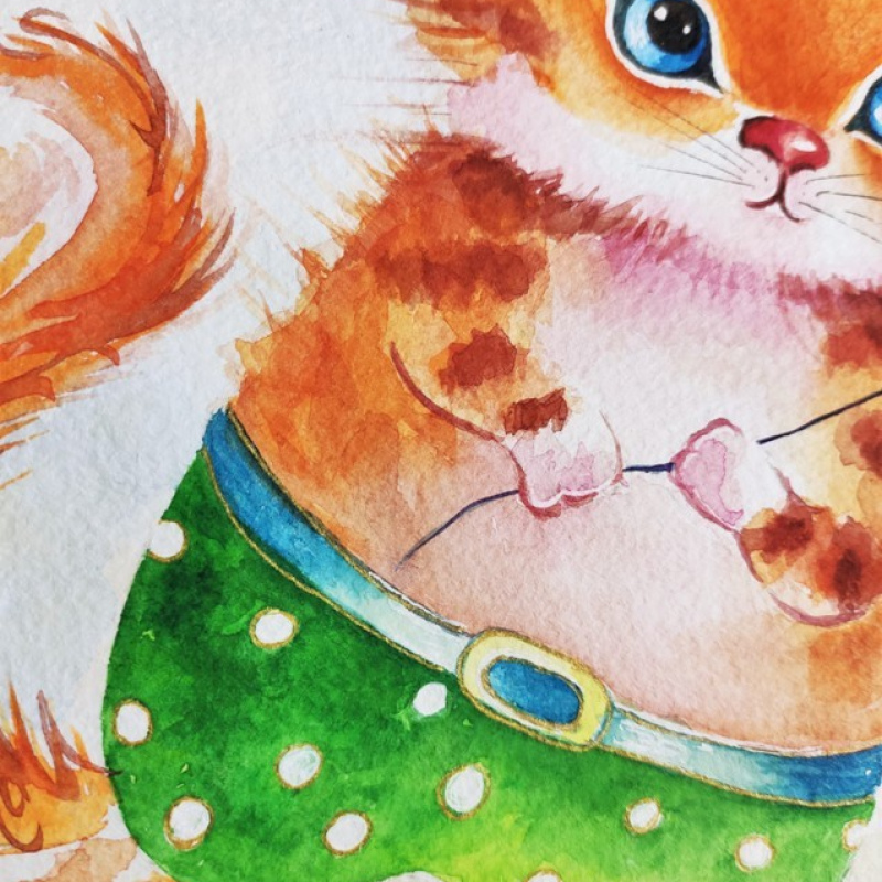 Картина акварелью "Рыжий кот с шариком" котенок в штанах живопись художник Инесса Сацута